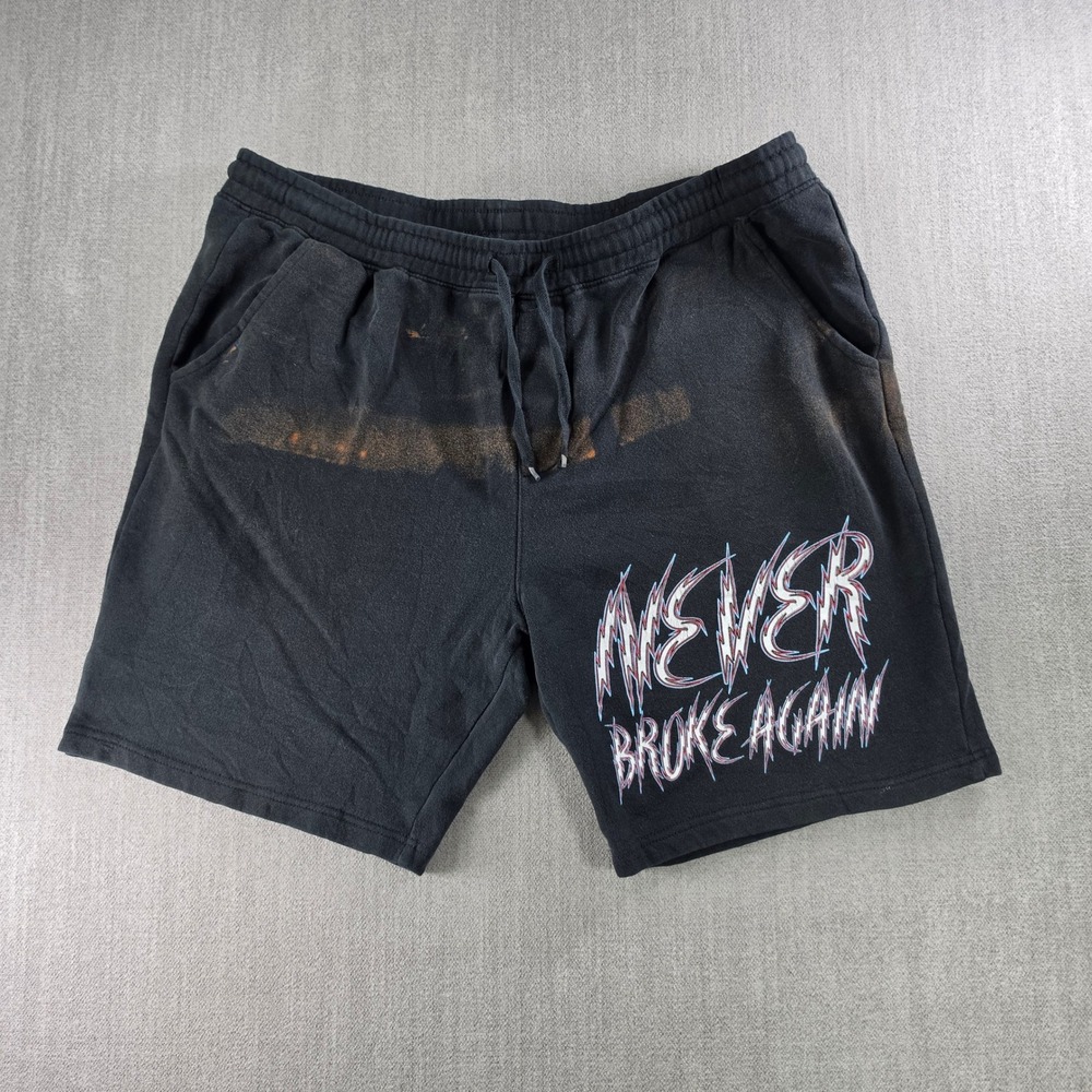 Never Broke Again Sweat Shorts Mens XXL Black Graphic Bleach Distressed Streetwr
